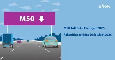 The image shows a motorway with a sign saying "M50" with an arrow. The cars are driving on the road. It has a blue background and an eFlow logo at the top right corner.